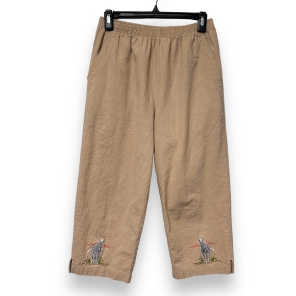 Vintage Jane Ashley Beige Pull-On Cropped Pants Zebra Embroidery Size Medium EUC - Picture 1 of 14